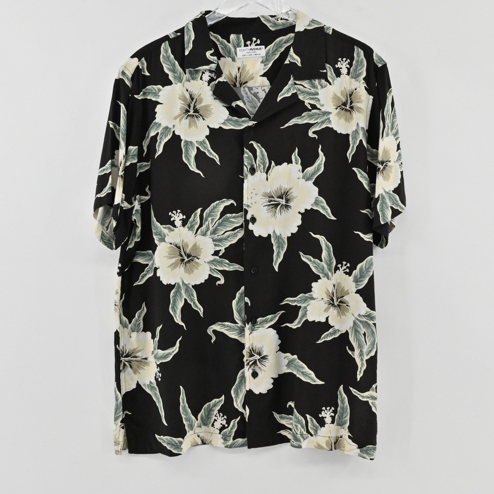 Eighth Avenue Floral Hawaiian Camp Shirt Mens Sz L Black Hibiscus Tropical Luau